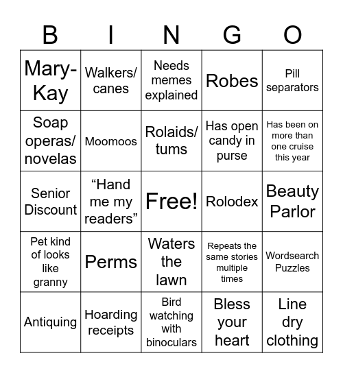 Granny Bingo Card