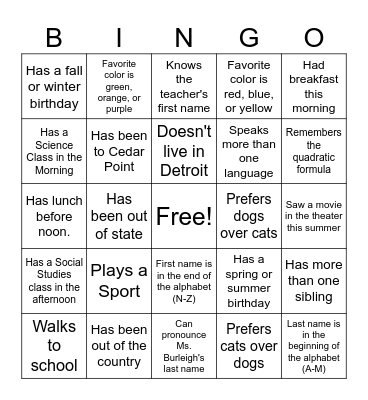 Room 201 Bingo Card