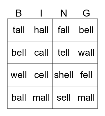 -all and -ell Bingo Card