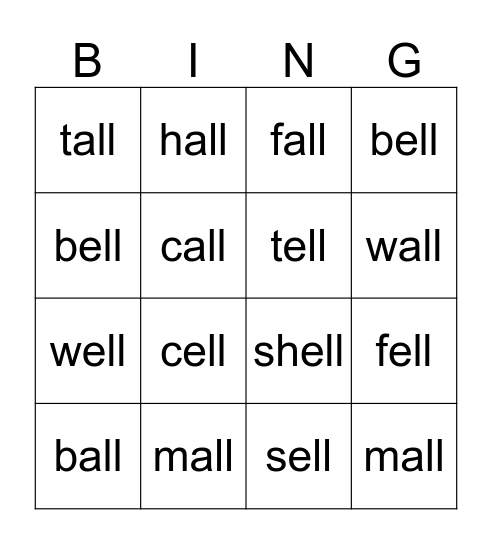 -all and -ell Bingo Card