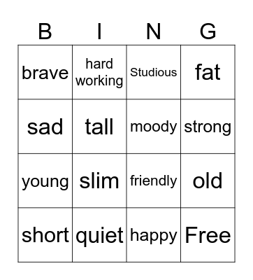 Describing people Bingo Card