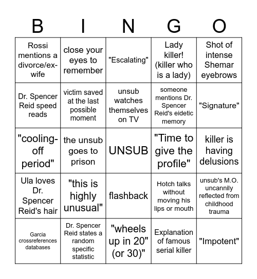 Criminal Minds Bingo Card