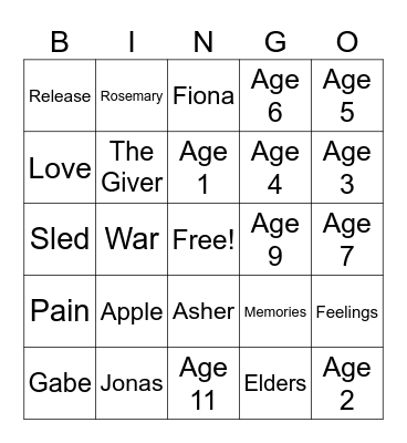 The Giver Bingo Card