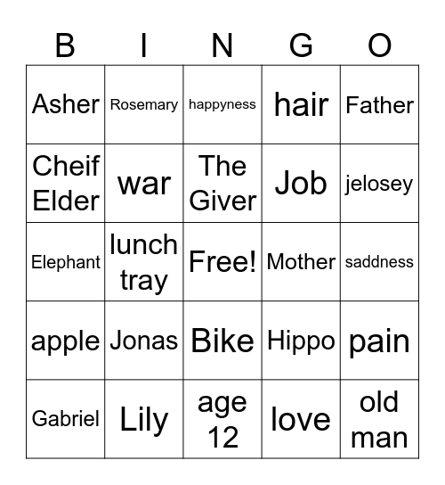 The Giver Bingo Card