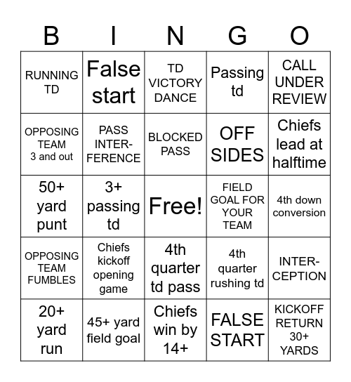 FOOTBALL GAME Bingo Card