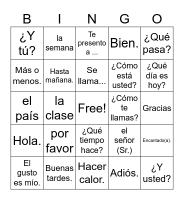 Intro to Spanish Bingo Card