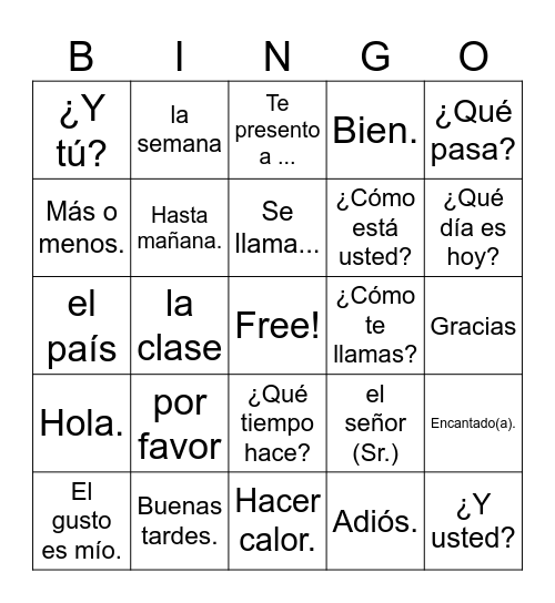 Intro to Spanish Bingo Card
