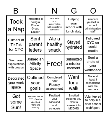 First Weeks at Service Site: Math Corps Bingo Card