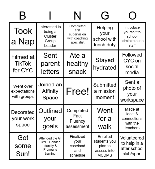 First Weeks at Service Site: Math Corps Bingo Card