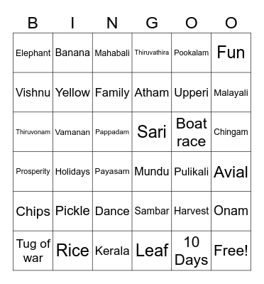 ONAM BINGO Card