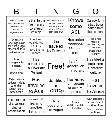 Diversity Bingo Card