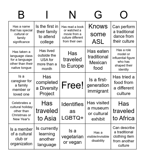 Diversity Bingo Card