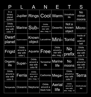 SpaceEngine Planet Bingo Card