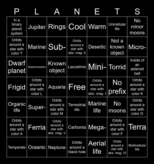 SpaceEngine Planet Bingo Card