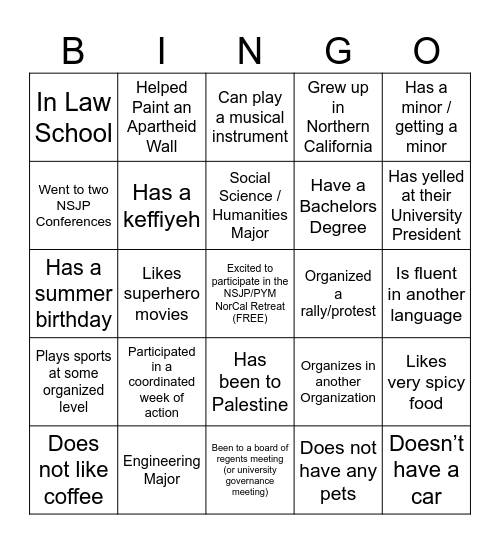 NorCal SJP Bingo! Bingo Card