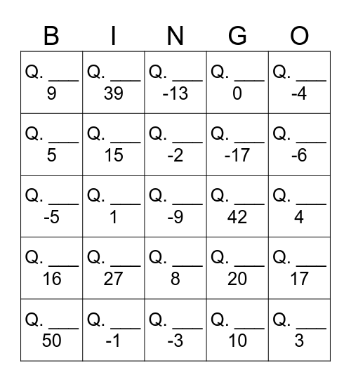 Order of Operations Integer Bingo Card