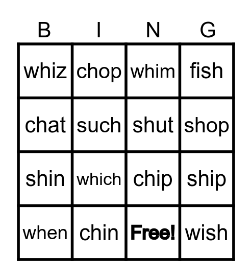 Sh, Ch, TH Bingo Card