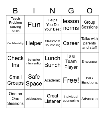 School Counselor Role Bingo Card
