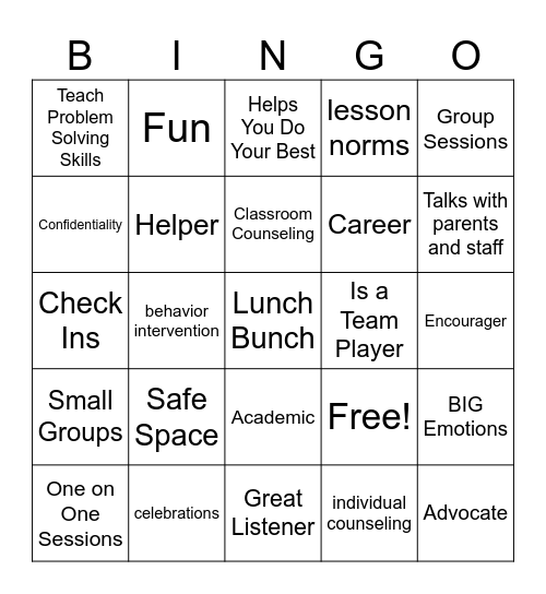 School Counselor Role Bingo Card