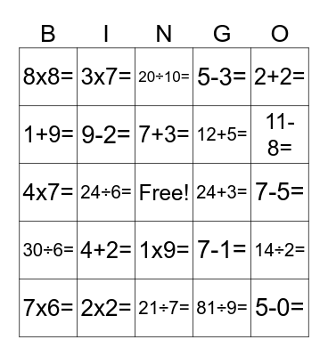 Family Math Night Bingo Card