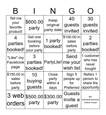 PartyLite  Bingo Card
