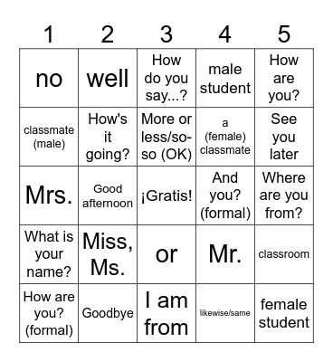 Spanish Greetings Bingo Card
