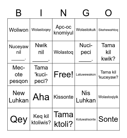 Wolastoqey Bingo Card