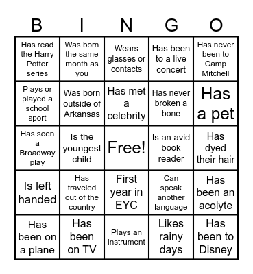 Youth Group Bingo! Bingo Card
