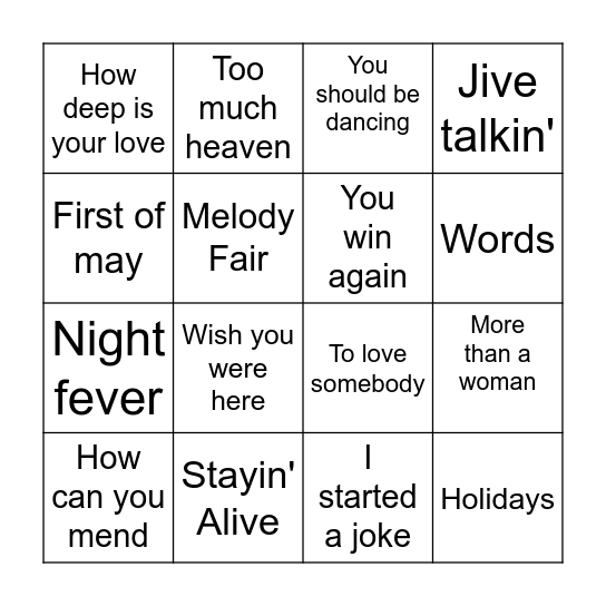 Bee Gees Bingo Card