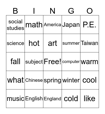 Subject Bingo Card