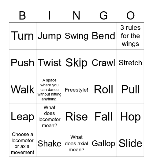 Locomotor or Axial Bingo Card