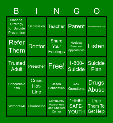 Suicide Prevention Bingo Card