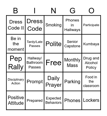 Aquinas Student Handbook Bingo Card