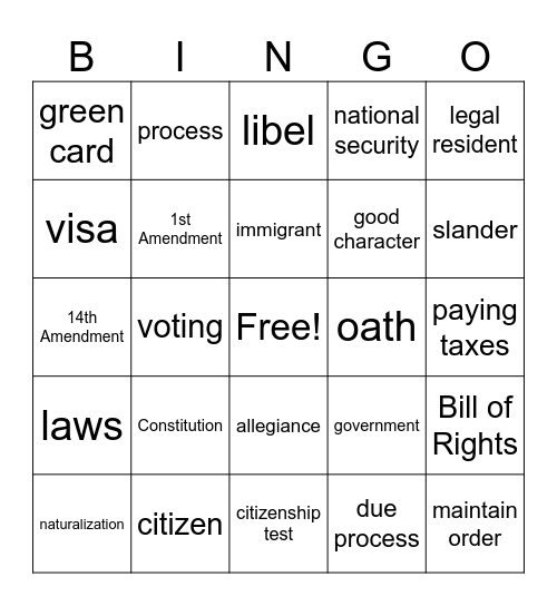 Citizenship Vocabluary Bingo Card