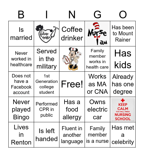 Nursing 101 Icebreaker Bingo Card