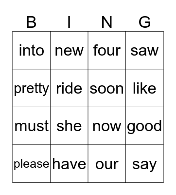 sight words Bingo Card