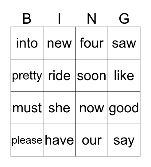 sight words Bingo Card