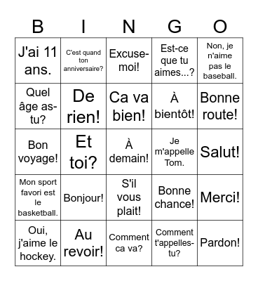 La Révision et Salutations 5 et 6 Bingo Card