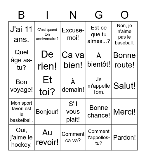 La Révision et Salutations 5 et 6 Bingo Card