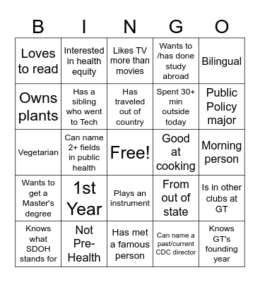 PHSA Bingo! Bingo Card