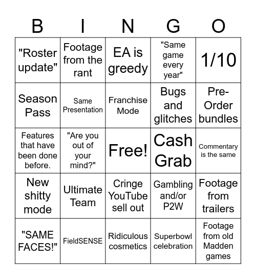 Madden Bingo Card