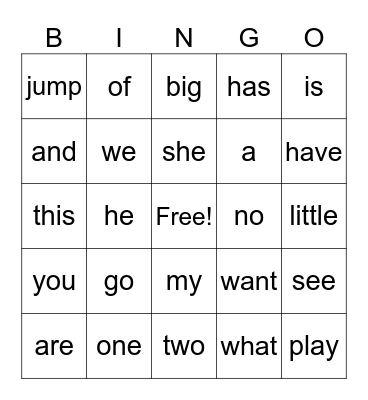 Sight words Bingo Card