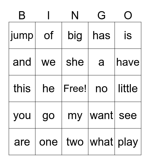 Sight words Bingo Card