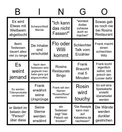 Rosins Restaurant Bingo Card