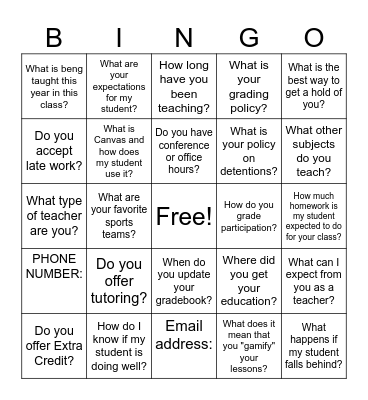 Mr. Radford - Back to School Night Bingo Card