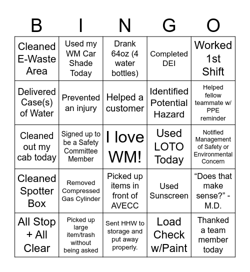 Palmdale Landfill Bingo Card