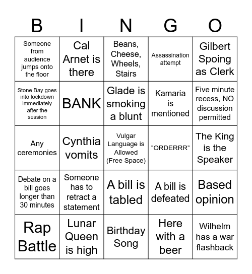 Parliament Bingo Card