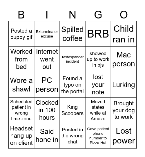Mental Team Bingo Card