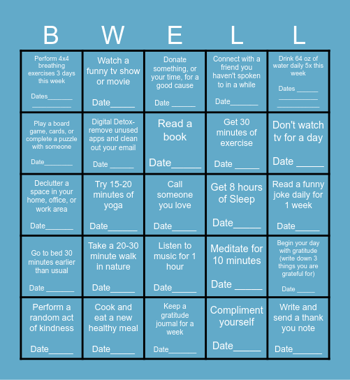 BWell Bingo Card