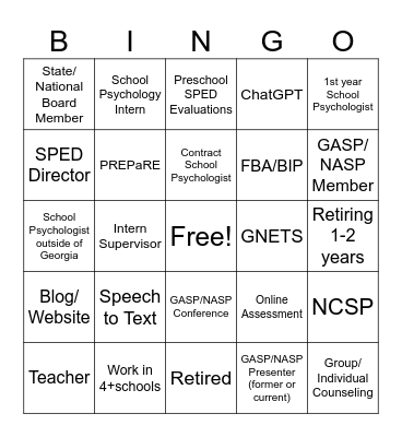 School Psychology Job-Alike Bingo Card